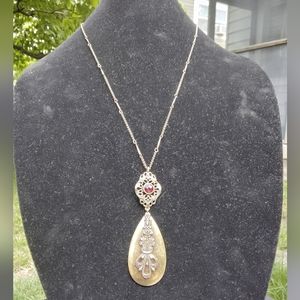 Lucky brand Vintage necklace with garnet color jewel in aged gold tone finish